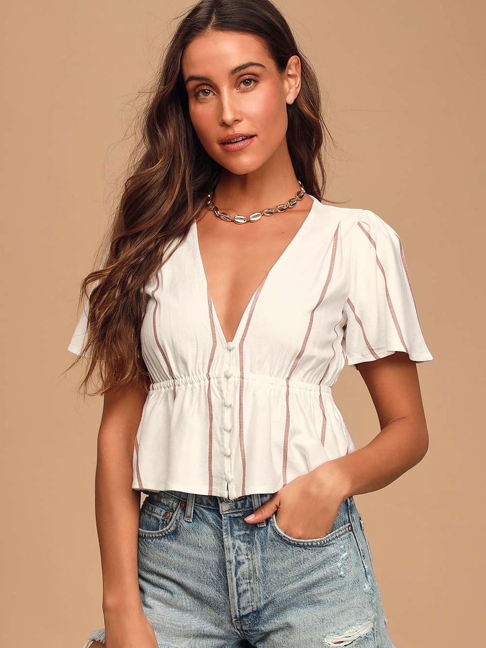 O'Neill Wes White Striped Button-Up Short Sleeve Top